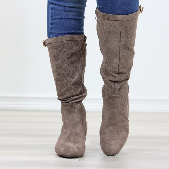 Taupe Faux Suede Round Toe Low Kitten Wedge Heel Mid Calf Boots - Picture 11 of 13